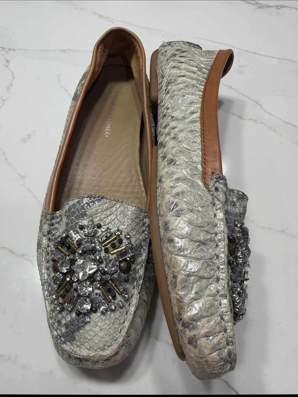 Donald J. Pliner Silver Python-Effect Jeweled Loafers with Tan Trim